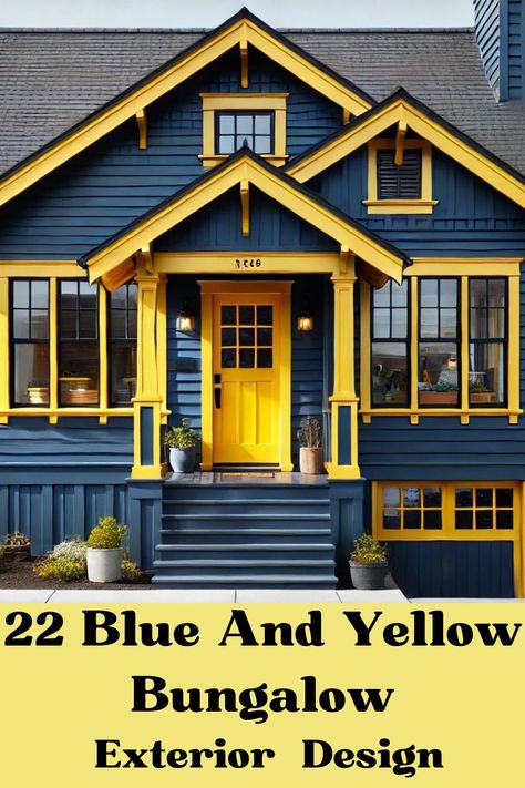 22 Blue and Yellow Bungalow Exterior Design Ideas: A Fresh Take on Classic Colors Yellow House Exterior Colour Palettes, Bungalow Exterior Design, 1900 House, Yellow Bungalow, Yellow House Exterior, Blue Fence, Yellow Accent Walls, Blue Siding, Exterior Color Palette