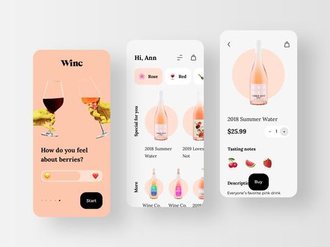 Winc - Wine Guide eCommerce Mobile App by Anastasia S. for RonDesignLab #appdesign Wine App Design, Cocktail App, Drink App, Wine App, Ecommerce Mobile App, Mobile App Design Inspiration, Wine Photography, Mobile Web Design, Wine Guide