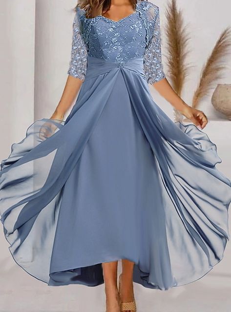 Women's Party Dress Lace Dress Swing Dress Long Dress Maxi Dress Blue Half Sleeve Pure Color Patchwork Spring Summer Dress V Neck Romantic Wedding Birthday 2023 S M L XL 2XL 3XL 2024 - $51.99 Dress Quinceanera, Evening Party Gowns, Groom Dresses, Pleated Chiffon, Wedding Lace, Gowns Wedding, Dress Prom, Spring Summer Dress, Dress Formal