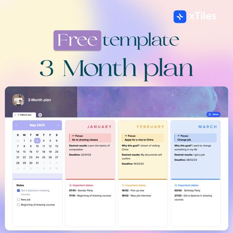 🔗 Follow the link and save the free template. A template for planning your next three months, organize your activities, tasks, and thoughts quickly and stress-free. #90-dayplantemplate ##90-dayplan #3monthplan #3monthplanner Xtiles Template Free, Xtiles Template, Study Planner Free, Notion Ideas, Vision Board Pics, 90 Day Plan, Goal Planner, Notion Template, Changing Jobs