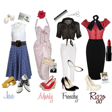 "The Pink Ladies, "Grease"" by tiresomelybohemian on Polyvore Grease Pink Ladies Outfits, The Pink Ladies Costume, Rockabilly Outfits For Women Casual, Grease 2 Outfits, Grease Dresses, Grease Party Theme Outfit, Halloween Vintage Costume, Grease Fashion 50s, Diy 50s Outfit