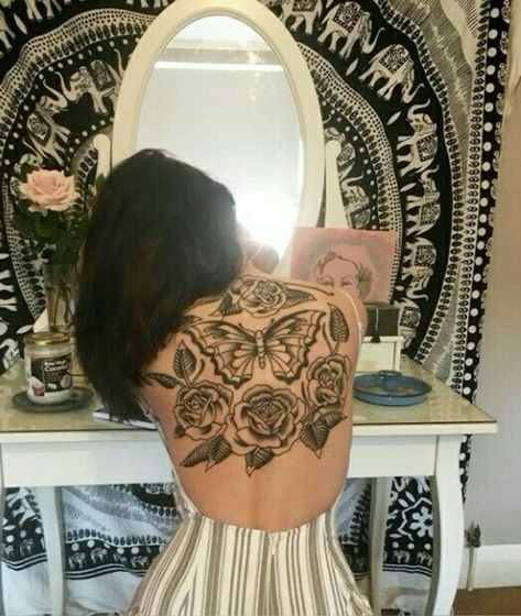 Full Back Tattoo Women Traditional, Women Traditional Back Tattoo, Traditional Flower Back Tattoo, Traditional Style Back Tattoo Women, Tattooed Back Women, Traditional Back Piece Tattoo Women, Traditional Back Tattoos For Women, Large Traditional Tattoo Back Pieces, Illustrative Black And Grey Tattoo