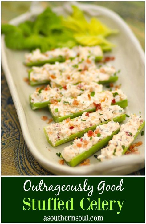 Celery stuffed with cream cheese, bacon, herbs and cheddar cheese are outrageously good! Served as an appetizer or snack, this is a recipe that's sure to become a favorite at parties, BBQs and family gatherings. Stuffed Celery, Veggie Snacks, Queso Cheddar, Recipe Simple, Bacon Cheddar, Easy Food To Make, Healthy Nutrition, Appetizers Easy, Clean Eating Snacks