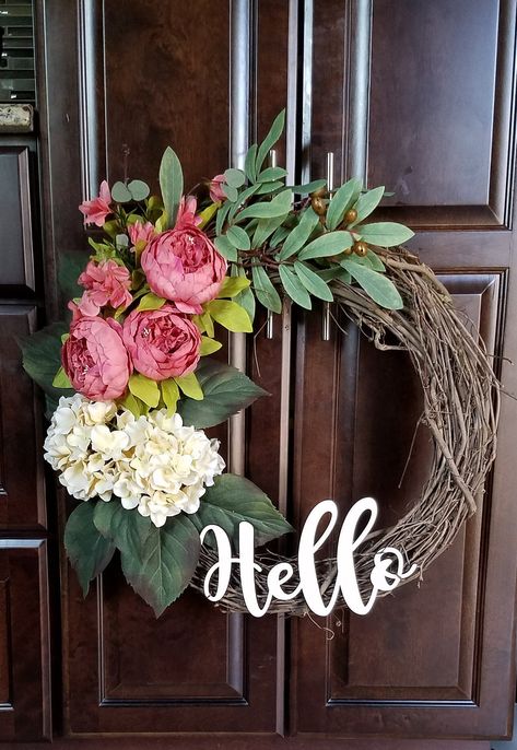 Spring Reefs Front Doors, Modern Summer Wreaths For Front Door, Farmhouse Wreaths For Front Door, Hello Wreath, Spring Wreaths For Front Door Diy, Summer Wreaths For Front Door, Easter Wreaths For Front Door, Hydrangea Leaves, Fall Door Decor