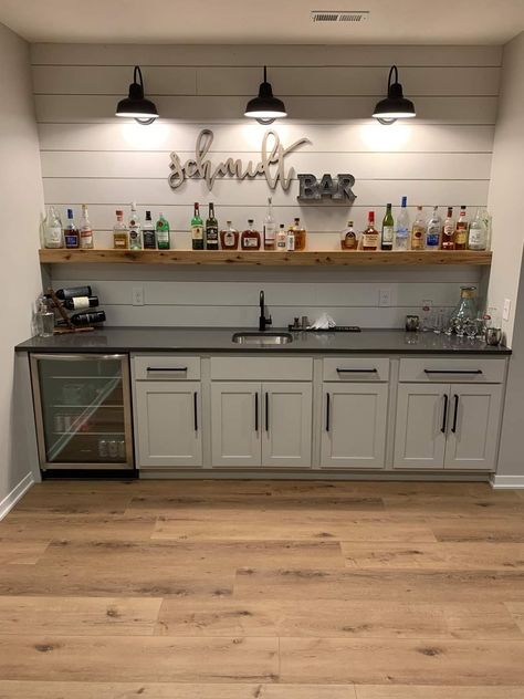 Basement Bar Ledge Ideas, Rustic Wine Bar Ideas Home, Coastal Bar Decor, Country Home Wall Decor, Wine Bar In Family Room, Garage Service Door Ideas, Basement Bar Designs Farmhouse, Farmhouse Gameroom Ideas, Dog Features In House