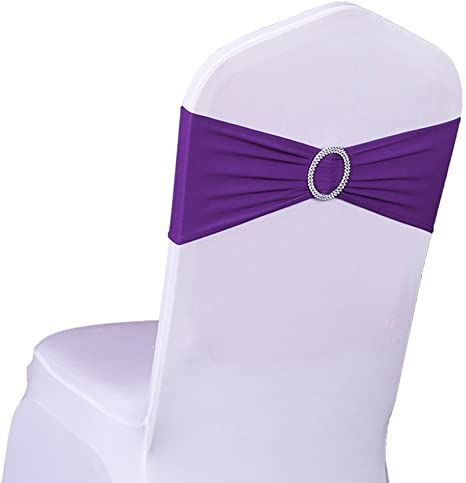 SINSSOWL 100PCS Stretch Wedding Chair Bands with Buckle Lycra Slider Sashes Bow Decorations 25 Colors (Purple) Royal Blue Chair, Wedding Reception Chairs, Bow Decorations, Chair Covers Party, Royal Chair, White Chair Covers, Purple Chair, Chair Bows, Chair Bands