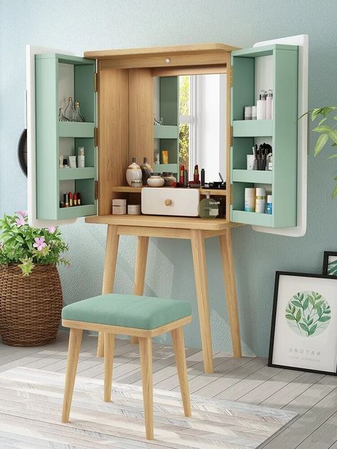 Small Room Vanity, Wooden Clothes Rack, Dressing Table Modern, Retro Bedside Tables, Bedroom Workspace, Dressing Room Design, Bedroom Night Stands, House Room, Home Room Design