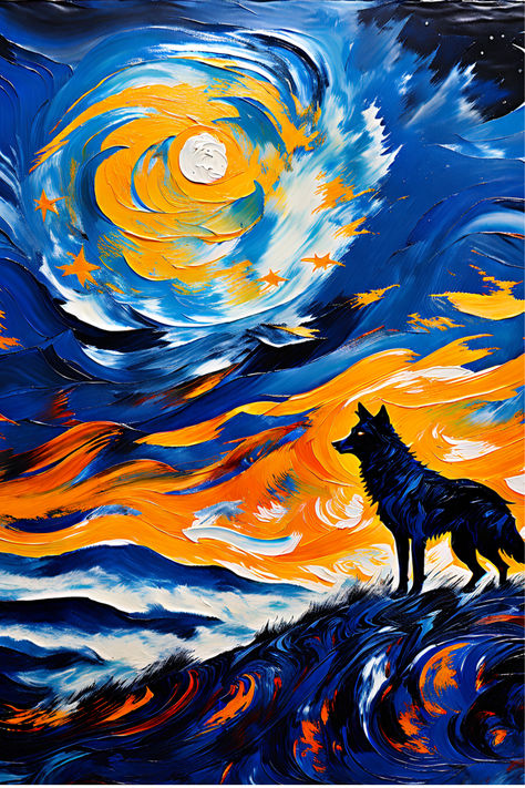 Bring a touch of magic and artistry to your home with this stunning "Starry Night Wolf" painting. Inspired by Van Gogh's iconic style, this vibrant canvas features a lone wolf silhouetted against a mesmerizing swirl of blues, oranges, and purples. The abstract starry night sky evokes a sense of wonder and serenity, making it a perfect wall art. #waterfall #nature #flowers #paintings #art #beauty #serenity #iris #goddess #womaninart #matisse_paintings #abstract #acrylic #watercolor Iris Goddess, Abstract Wolf, Night Wolf, Matisse Paintings, Wolf Silhouette, Flowers Paintings, Sky Abstract, Wolf Painting, Paintings Abstract