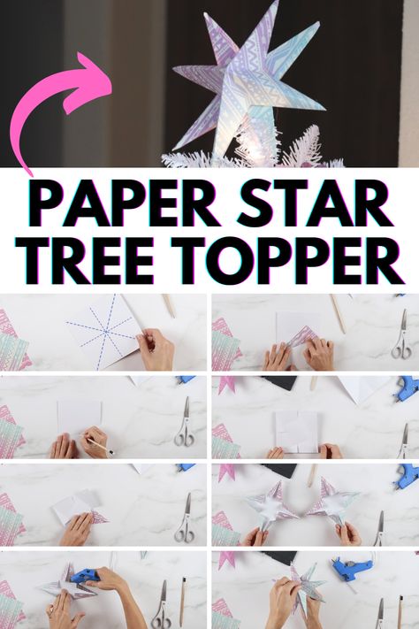 How to make a simple 3D Christmas tree topper out of paper. Origami Tree Topper, Christmas Tree Star Topper Diy 3d Paper, Paper Christmas Tree Topper, Diy Tree Star Topper, Diy Christmas Tree Toppers Ideas Simple, Diy Star For Christmas Tree Topper, Homemade Christmas Tree Topper, Diy Tree Toppers Christmas, Homemade Tree Topper