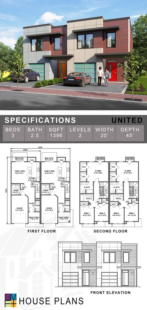 The inspiration for the name of our United model plan comes from the "The Liberty Song," written in 1768 …”join hand in hand, brave Americans all, by uniting we stand, by dividing we fall.” This plan provides two contemporary townhouse units, identical layouts on each side with a single-car garage and three bedrooms on the second floor. The total width of each unit is 20’0”, and with a modification request, we could provide plans for additional attached units, comprising groups of up to seven. Single Unit Apartment Plan, Houses With Apartments Attached, Twin House Design Plan, Townhouse Plans With Garage, Modern Apartment Building Floor Plans, 3 Unit Apartment Building Floor Plans, Modern Townhouse Plans, House With Apartment Attached, 3 Bedroom Townhouse Floor Plan 2 Story