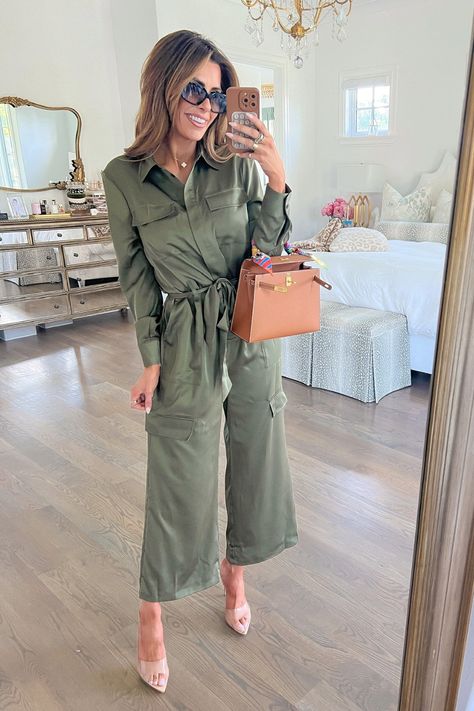 Olive Jumpsuit Outfit, Emily Ann Gemma, Olive Jumpsuit, Emily Ann, Long Pant Jumpsuit, Night Work, Walmart Fashion, Satin Jumpsuit, Jumpsuit Outfit