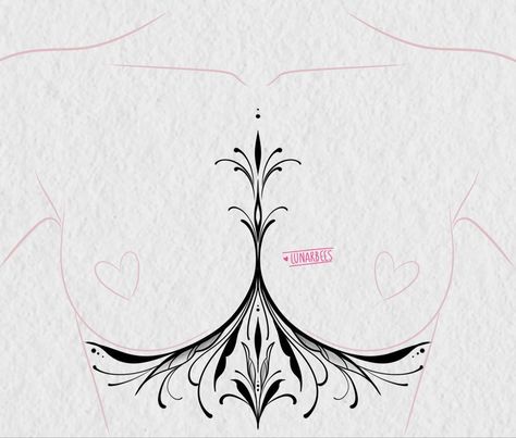 Art Nouveau Tattoo Sternum, Sternum Tattoo Designs For Women, Sternum Tattoo Ornamental, Japanese Sternum Tattoo, Sternum Tattoo Cover Up, Ornamental Underboob Tattoo, Ornamental Tattoo Sternum, Sternum Chest Tattoo, Sternum Ornament