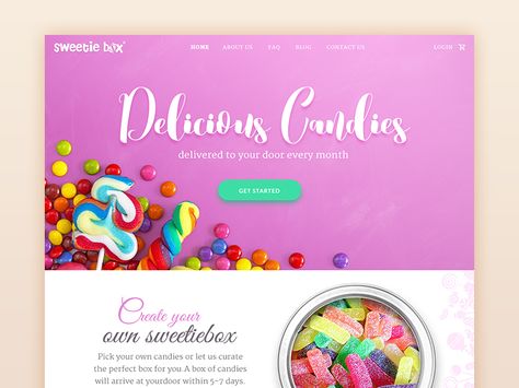 Here’s a homepage that I'm designing https://dribbble.com/shots/2978649-Candy-box-Landing-page #UI #design #ecommerce #candy #sweet #package #startup #website #webdesign #best Candy Website Design, Candy Website, Portfolio Moodboard, Real Estate Landing Pages, Blonde Ideas, Catalog Design Layout, Startup Website, Flat Web Design, Website Layouts