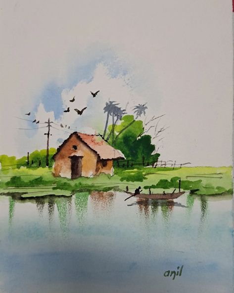 #watercolor #painting🎨 #paintwithanil #paintingtutorial Village Scenery, Landscape Painting Watercolor, Drawing Scenery, Oil Pastel Colours, Watercolor Scenery, Buddha Art Drawing, Watercolor Paintings Nature, Watercolor Art Landscape, Watercolor Subjects