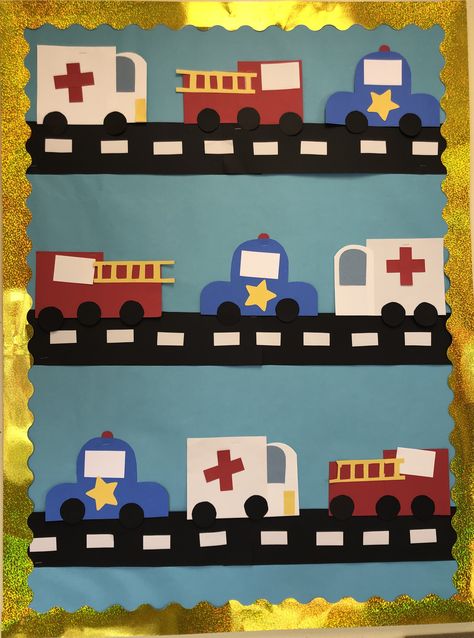 Emergency vehicles bulletin board Police Bulletin Board Ideas, Ambulance Eyfs Activities, First Responders Preschool Activities, Community Helpers Bulletin Board Ideas, Community Helpers Preschool Activities Printables Free, Emergency Vehicles Preschool Activities, Community Helpers Bulletin Board, Preschool Transportation Crafts, Fire Safety Preschool Crafts