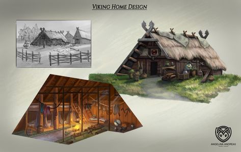 ArtStation - Historical Viking Home Design, angelina andreas Viking Building Concept Art, Viking House Design, Houses Concept Art, Norse House, Vikings House, Viking Castle, Viking Buildings, Viking Houses, Viking Longhouse