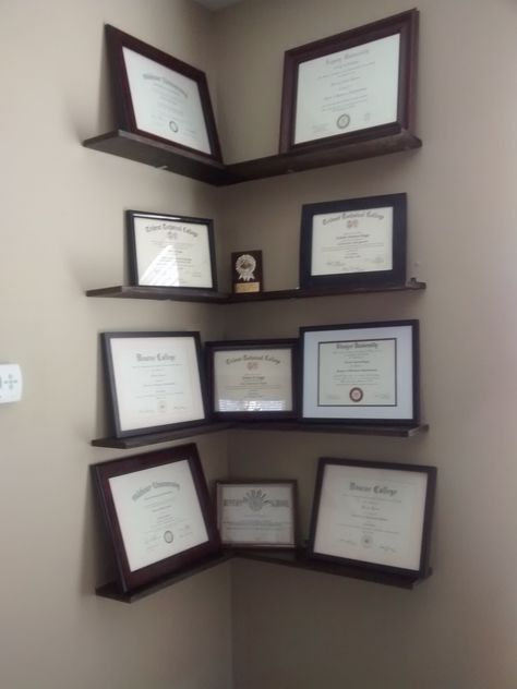 My DIY Project....🙌 Wall Of Certificates Decor, Diploma And Certificate Wall, Wall Certificate Display, How To Display Awards And Certificates, Certificates Wall Display Ideas, Certification Wall Display, Office Award Wall, Wall Of Achievement Ideas, Office Certificate Wall Display