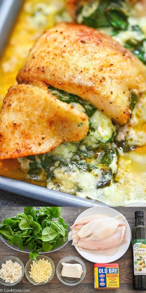 Stuffed Fish Recipes Tilapia, Cob Recipes Fish, Soft Fish Recipes, Meals With Fish Healthy Recipes, Flounder Meals, Fall Fish Recipes Healthy, Flounder And Shrimp Recipes, Tilapia And Spinach Recipes, Spinach Stuffed Flounder