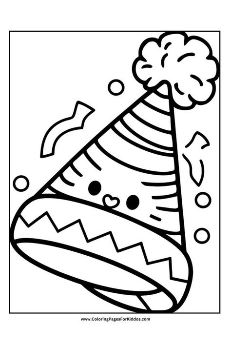 Party hat decorated with stripes and polka dots, emitting fun confetti, as a delightful birthday coloring page. Happy Birthday Coloring Pages, Birthday Coloring Pages, Coloring Activity, Delicious Cakes, Kids Coloring, Color Activities, Free Birthday Stuff, Coloring Sheets, Coloring For Kids