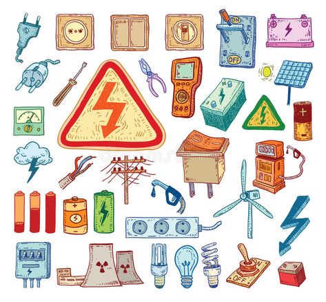 Electricity Doodle icon collection, vector illustration stock illustration Electricity Doodle, Engineering Doodles, Electricity Drawing, Electricity Aesthetic, Electricity Illustration, Electricity Poster, Electric Icon, Easy Math Activities, Physics Lab