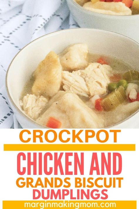 This recipe for Crockpot chicken and dumplings uses refrigerated Pillsbury Grands biscuits to make the dumplings, so it's a fabulous shortcut for busy moms! Chicken And Dumplings Pillsbury, Chicken And Biscuits Crockpot, Biscuit Chicken And Dumplings, Chicken And Bisquick Dumplings, Easy Chicken Dumpling Recipes, Easy Dumplings Recipe, Turkey And Dumplings, Grands Biscuits, Smothered Pork Chops Recipe