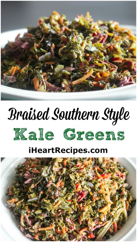 How to make Delicious braised southern, soul food style kale greens seasoned with smoked turkey, peppers, onions, and more! Usually when I’m requested to share a southern greens recipe, It&#8… Kale With Smoked Turkey, Kale Collard Greens Recipe, Kale Greens With Smoked Turkey, How To Cook Kale Greens, Southern Kale Greens, Kale And Collard Greens Recipes, Frozen Kale Recipes, Kale Greens Recipe Southern, Crockpot Kale