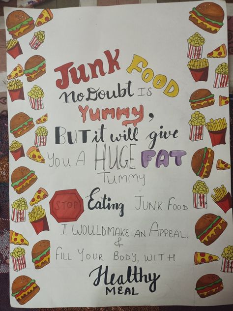 Healthy Junk Food Activities, Slogans On Healthy Food, Nutrition Slogan Ideas, Slogan Science Ideas, Health For All Poster Making, Nutrition Month Slogan Ideas, Avoid Junk Food Poster, Slogan Ideas For School, Food And Nutrition Project Ideas