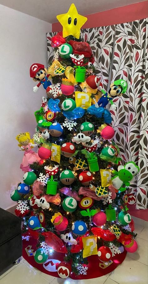 Super Mario Bros Christmas, Mario Brothers Christmas Tree, Nintendo Christmas Tree, Super Mario Bros Christmas Tree, Mario Ornaments Diy, Sonic Christmas Tree, Themed Christmas Tree Ideas For Kids, Christmas Tree Ideas Kids, Christmas Themes Ideas