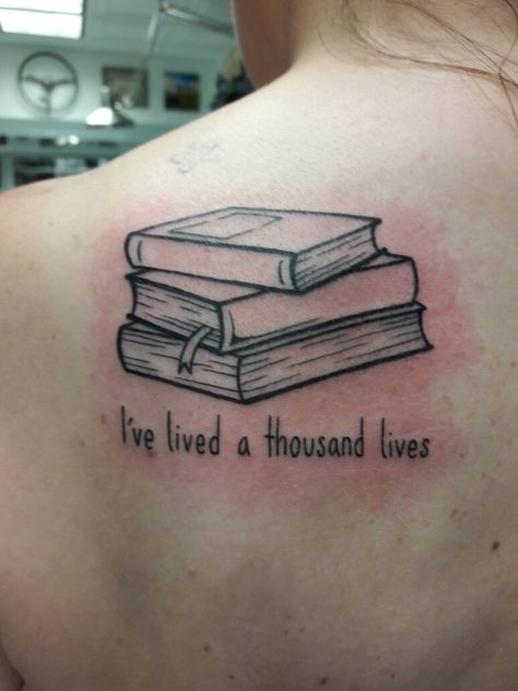 "I've lived a thousand lives" Stack of Three Books Tattoo Electric Dragonland Ive Lived A Thousand Lives Book Tattoo, Ive Lived A Thousand Lives Tattoo, I've Lived A Thousand Lives Tattoo, Book Stack Tattoo Ideas, Stacked Books Tattoo, Lived A Thousand Lives Tattoo, I Have Lived A Thousand Lives Tattoo, Book Stack Tattoo, Stack Of Books Tattoo