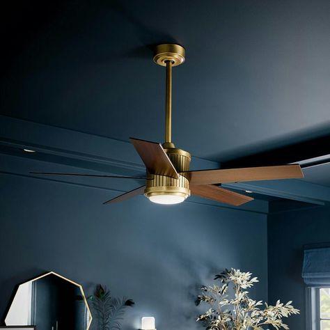 48" Brahm 5 Blade Ceiling Fan Brass | Kichler Lighting Office With Ceiling Fan, Retro Ceiling Fan, Bedroom Fan Ideas, Mid Century Ceiling Fan, Cieling Fans, Stylish Ceiling Fan, Dining Room Ceiling Fan, Retro Ceiling Fans, Living Room Fans