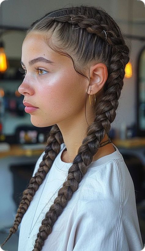 Double Hair Braids, Cool Dutch Braids, Different Hair Braids Ideas, Two Braids Extensions, Dutch Braid Aesthetic, Cute French Braid Hairstyles Short Hair, Two Simple Braids, Braids Makeup Look, Goddess Dutch Braids