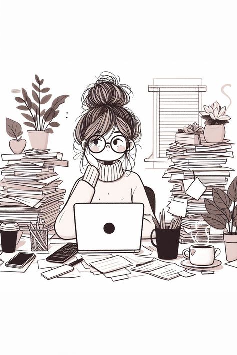 A woman sitting at the desk and working on a laptop Illustration Girl Studying Illustration Aesthetic, Journaling On Computer, Working At Desk Illustration, Girl Studying Illustration, Person Studying Drawing, Work Laptop Wallpaper, Women Working On Laptop, Person Sitting At Desk, Remote Inktober