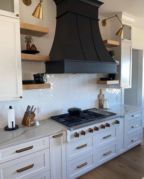 Range Hood Floating Shelves, White Herringbone Tile Backsplash, White Herringbone Backsplash, Range Hood Ideas, Kitchen Hood Vent, Black Range Hood, White Herringbone Tile, Herringbone Tile Backsplash, Farmhouse Kitchen Backsplash