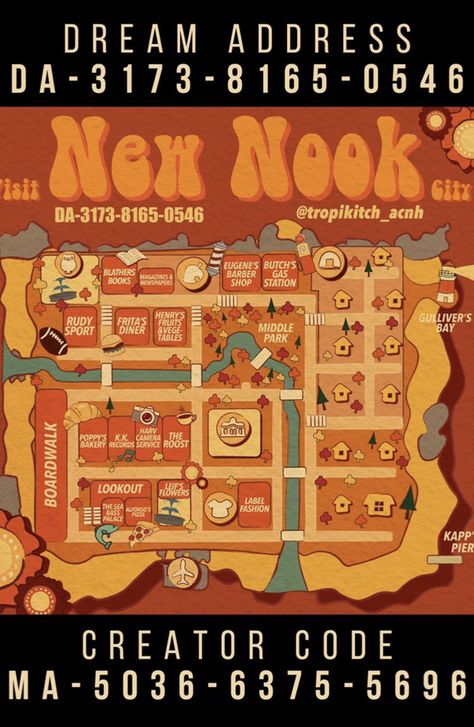 Acnh City Layout Ideas, Animal Crossing Map Layout City, 70s Animal Crossing Island, Acnh Citycore Layout, Acnh Town Map, Acnh Citycore Map Layout, Acnh 70s Designs, Acnh 70s Island, Acnh Citycore Dream Address