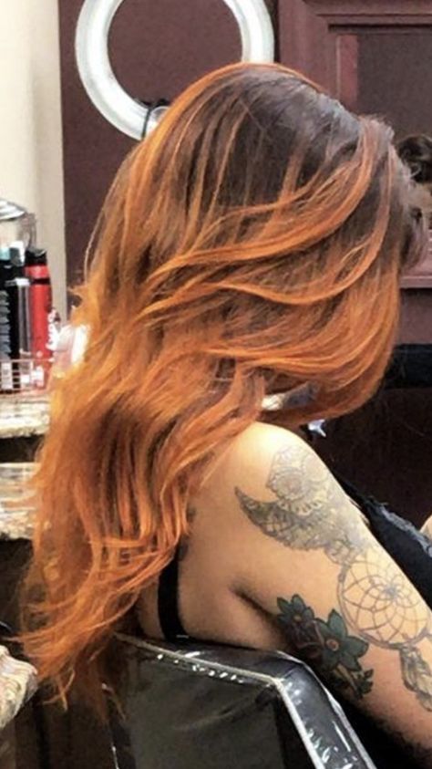 Ginger hair ombré balayage dark root orange blend hair Dark Roots With Ginger Hair, Redhead Ombre Hair, Orange Over Brown Hair, Brown With Ginger Balayage, Dark To Orange Hair, Brown And Ginger Ombre, Dark Root Ginger Balayage, Dark Root With Red Hair, Brown Hair With Orange Balayage