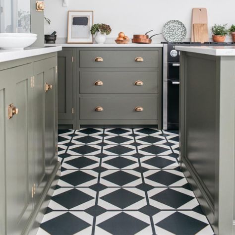 Black Luxury Vinyl Tile Flooring | Harvey Maria Patterned Kitchen Floor, Charcoal Flooring, Black And White Kitchen Floor, Harvey Maria Flooring, Black And White Floor Tile, Heritage Colours, Black Vinyl Flooring, Pattern Flooring, Neisha Crosland