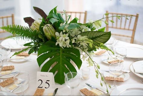 Art Deco Wedding Centerpieces, White Protea, Tropical Wedding Centerpieces, White Dendrobium Orchids, Tropical Centerpieces, Tropical Wedding Theme, Tropical Art Deco, Home Floral Arrangements, Orchid Wedding