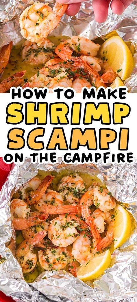 These shrimp scampi foil packets are well worth making. They are flavorful and juicy, bursting with the wonderful flavors of fresh lemon, garlic and parsley. Whether you pair these with rice, potatoes or garlic bread, you're sure to want to make this amazing seafood recipe again and again. Even if you aren't camping, you can make them in a pan on the stove or in the oven. You will find opportunities to enjoy these shrimp when you want! They're so quick and easy to make and everyone loves them! Shrimp Scampi Foil Packets, Shrimp Foil Packs, Simple Shrimp Scampi, Foil Pack Recipes, Hobo Meals, Hobo Dinners, Easy Shrimp Scampi, Meals To Cook, Flavorful Shrimp