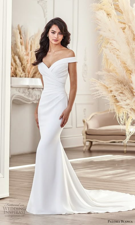 paloma blanca fall 2021 bridal off shoulder straps sweetheart neckline ruched bodice clean minimalist sheath wedding dress chapel train (5) mv -- Paloma Blanca Fall 2021 Wedding Dresses | Wedding Inspirasi #wedding #weddings #bridal #weddingdress #weddingdresses #bride #fashion #label:PalomaBlanca #season:Fall/Winter #week:262021 #year:2021 ~ Wedding Dress Rouched Bodice, Plain Off Shoulder Wedding Dress, Minimalist Wedding Gown Off Shoulder, Simple Off Shoulder Wedding Dress, Modern Minimalist Wedding Gown, Wedding Dresses For Second Marriage, Modern Simple Wedding Dress, Bridal Off Shoulder, Wedding Gown Off Shoulder