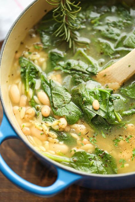 This simple soup is a great Sunday meal prep option, especially after a particularly indulgent weekend. If you want something a little heartier, you can always throw in shredded chicken before you heat it up for lunch. Get the recipe here. Spinach And White Bean Soup, Healthy Fall Soups, Comforting Soup, Spinach Soup, Comfort Soup, Orzo Pasta, Fall Soups, White Bean Soup, White Bean