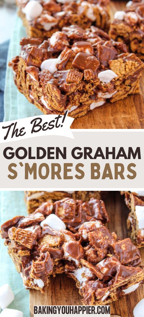 Golden Graham S’mores Bars, layers of ooey-gooey goodness in every chocolatey bite make these delicious no bake bars a favorite treat! Smores Bars Recipe Golden Grahams, Indoor S’mores Golden Grahams, S’mores Squares Golden Grahams, S’mores Bars Golden Graham, Pinch Of Yum Smores Bars, Some More Bars, S’mores Bars Recipe Golden Grahams, Golden Graham Bars Recipes, Graham Cracker Squares