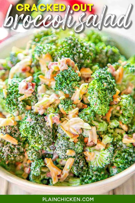 Cracked Out Broccoli Salad - A great make-ahead side dish with only 4 ingredients! Fresh broccoli florets tossed with cheddar, bacon, and ranch. Even broccoli haters love this quick side dish! Great for summer potlucks. Can make ahead and refrigerate until ready to serve. Gluten-free, low-carb & keto-friendly! #lowcarb #glutenfree #keto #broccoli #cheese #bacon #ranch Broccoli Bacon Salad Recipe, Apple Broccoli Salad, Cracked Out, Healthy Broccoli Salad, Picnic Side Dishes, Keto Broccoli, Broccoli Salad Bacon, Quick Side Dishes, Broccoli Salad Recipe