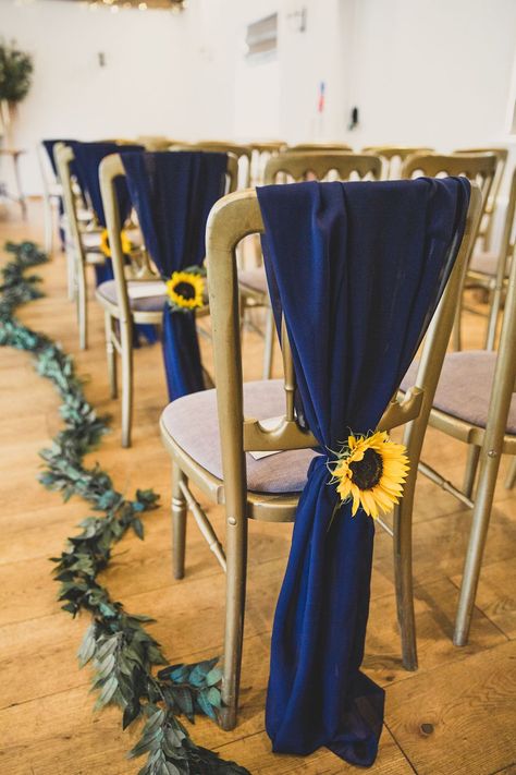 Sunflower Chair Decor Wedding, Navy Blue And Sunflower Wedding Theme, Royal Blue Sunflower Wedding, Sunflowers And Blue Wedding, Sunflower Wedding Aisle, Sunflower And Blue Wedding, Sunflower Wedding Ceremony, Navy Sunflower Wedding, Chair Decoration Ideas