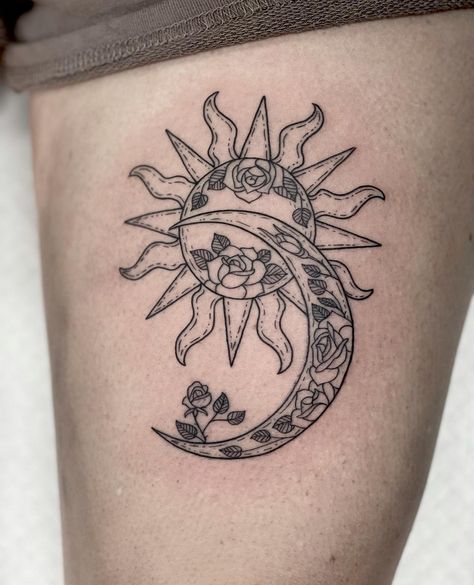 awesome 24 Sun and Moon Tattoo for Sky Lovers in 2021 Sun And Moon And Flower Tattoo, Sun And Moon Lovers Tattoo, Sun And Moon Tattoo No Face, Sun And Moon Knee Tattoo, Half Sun Half Moon Tattoo, Clouds And Stars Tattoo, Upper Knee Tattoo, Skeleton Couple Tattoo, Apollo Tattoo