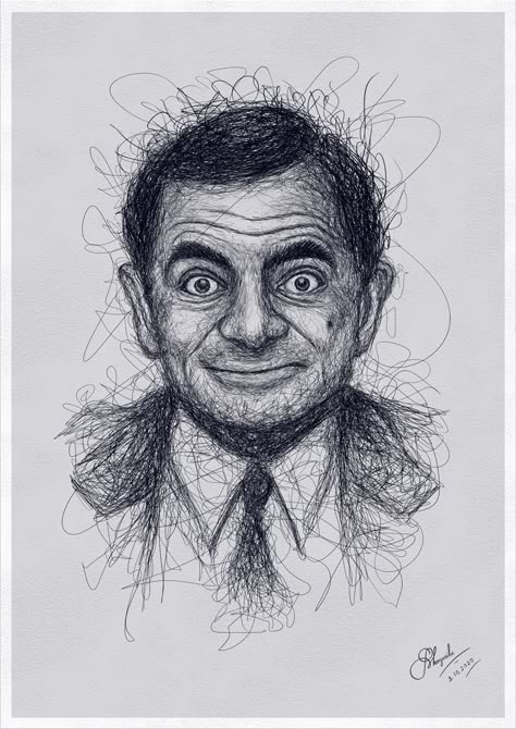 Scribble Art Drawing, Scribble Pen Art, Scribble Art Creative, Scribbled Art, Mr Bean Sketch, Pencil Scribble Art, Mr Bean Drawing, Biro Art Portraits, Scribbling Art