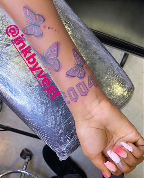 Medium Size Female Tattoos, Year Tattoo Number With Butterfly, Risk Tattoos Women, 2010 Tattoo Ideas, Small Medium Tattoos For Women, First Small Tattoo Ideas For Women, Baddie Tattoo Ideas Female Forearm, Thug Tattoos For Women Arm, Mother And Daughter Tattoos Black Women