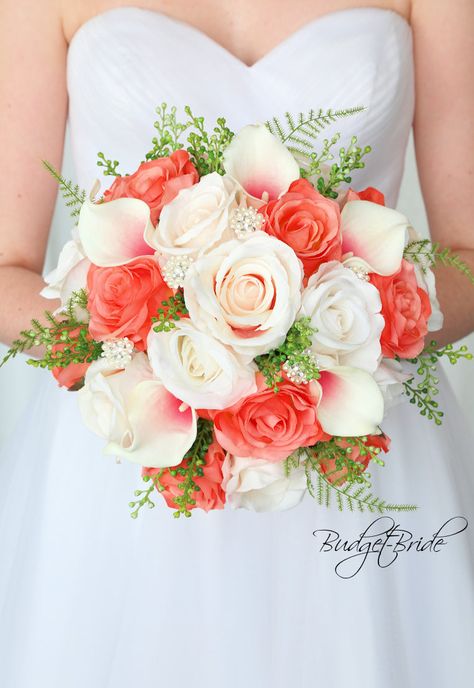 Click to open gallery Sangria Wedding, Small Bridesmaid Bouquets, Coral Wedding Flowers, Peach Wedding Flowers, Budget Bride, Brides Bouquet, Wedding Flowers Summer, Coral Wedding, Calla Lilies