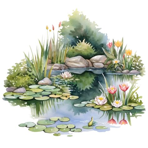 Pond Life Illustration, Pond Landscape Drawing, Forest Pond Art, Pond Landscape Painting, Watercolor Pond Painting, Pond Illustration Art, Frog Pond Illustration, Pond Landscaping Drawing, Watercolour Pond