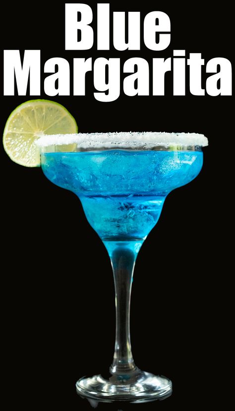 A margarita glass is filled with crushed ice and a bright blue liquid. It's garnished with a salt rim and a lime wheel. Text at the top reads "blue margarita". Blue Margarita Recipe Pitcher, Margarita Pumpkin, Blue Margarita Recipe, Pitcher Margarita Recipe, Drink For Summer, Blue Margarita, Liquor Recipes, Margarita Cocktail, Summer Gathering