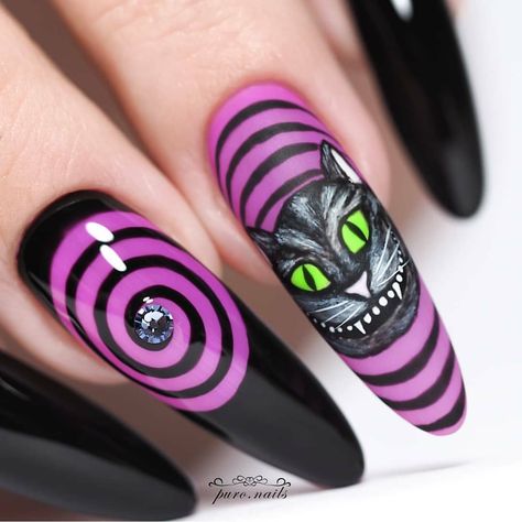 Cheshire cat! 😸💜 @puro.nails #nailsmagazine #disneynails Cheshire Cat Nails, Cat Nails Design, Cat Nail Designs, Disney Nails, Cat Nails, Cheshire Cat, Nails Magazine, Long Acrylic Nails, Cat Face